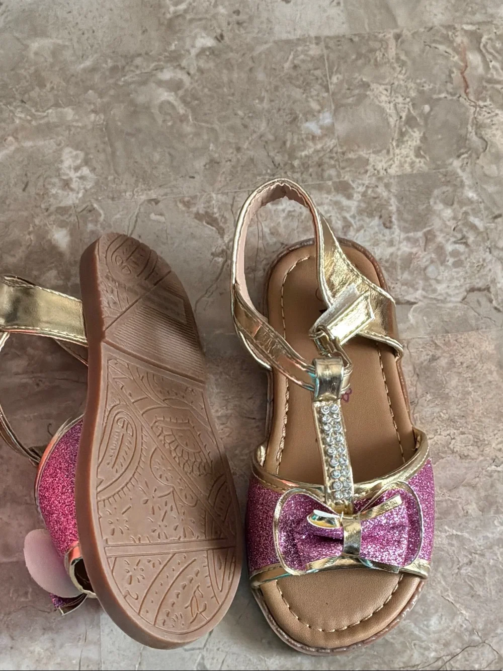 Kids Pink Glitter Bow Sandals with Gold Accents
